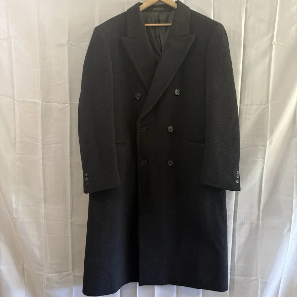 Vtg Nino Cerutti Mens Overcoat Wool Cashmere Black Topcoat Double Breasted 46 L